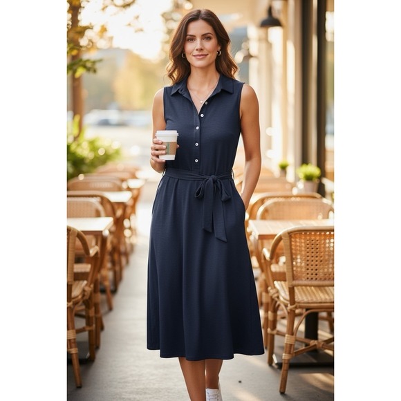 🔥J.McLaughlin 💙Sleeveless Collared Belted Dress Blue Office PreppyHot MoM -M